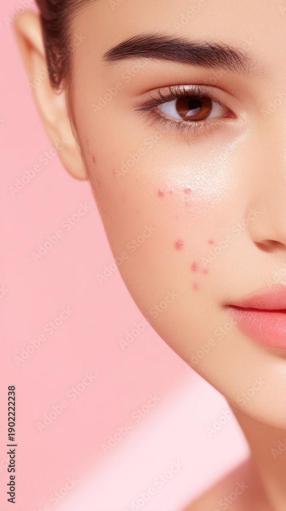 Fototapeta premium Portrait of a young woman against a pink background, showing acne spots on her cheek in softly, warm lighting