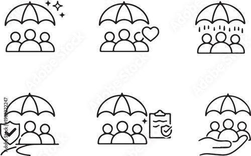 protection and care Illustrations of people under umbrellas representing various insurance concepts isolated on white background, illustration