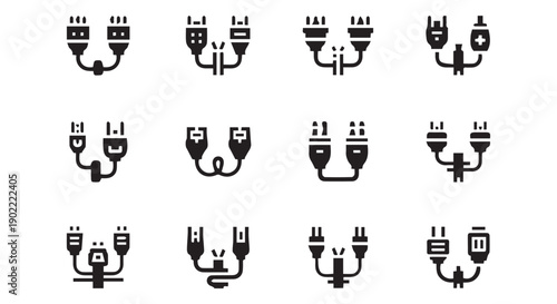Collection of black and white electrical plug icons, various connections and adapters.