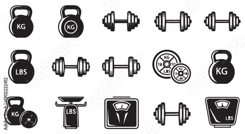 Black icons of various gym equipment and weight measurement tools on Transparent Background for fitness and workout concepts