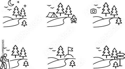 A series of illustrations depicting a skier navigating through a forest isolated on white background, illustration