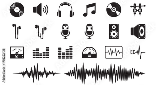 Collection of black music icons and symbols on Transparent Background, including audio equipment and waveform graphics.