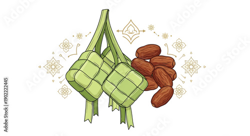 A drawing shows ketupat and dates associated with Eid alFitr celebrations