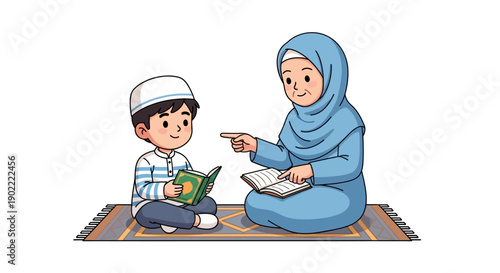 Cartoon of a boy reading a book guided by a woman in hijab on a rug