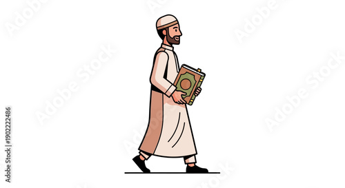 A man walks holding a book wearing traditional Muslim attire