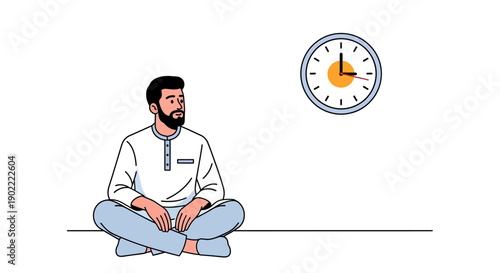 A seated man looks at a wall clock showing nearly 115