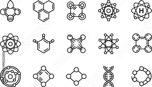 Science molecule line icons set, atom chemistry DNA symbols, laboratory research vector collection, minimal outline molecular design pack