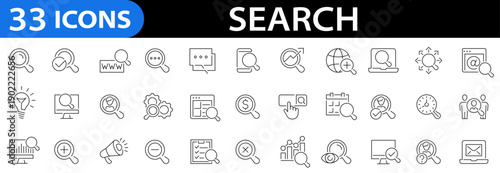 Search 33 icon set. Magnifying glass icons. Search icon collection. SEO. Magnifier loupe sign. Editable stroke. Vector illustration