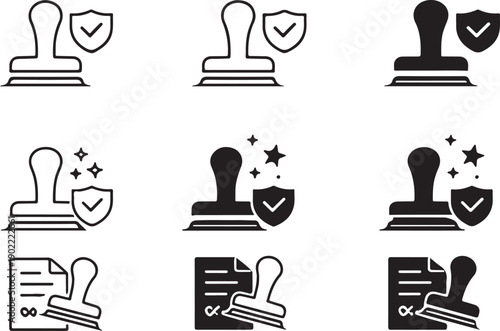 Rubber stamp icons representing different types of approval and verification processes isolated on white background, illustration