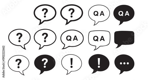 Collection of various black and white speech bubbles with question marks, exclamation marks, and QA labels for communication and dialogue