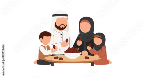 A Muslim family including parents  2 children sitting around a table eating dates from a bowl