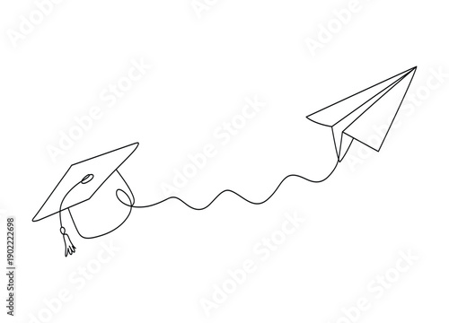 Graduation cap tied to flying paper airplane in continuous line drawing
