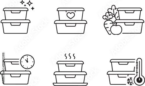 Stackable food container icons Illustrations of various types of food storage containers and their uses isolated on white background, illustration