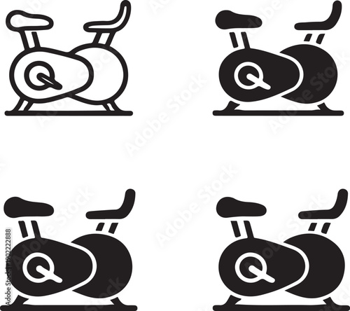 Four different styles of stationary exercise bikes with distinct features and designs isolated on white background, illustration