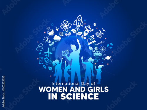 International day of women and girls in science background. Girl and female teacher with Science learning and innovation vector illustration.