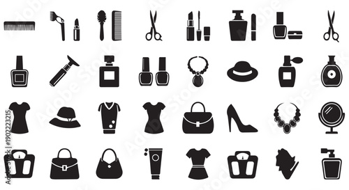 Collection of black silhouette icons representing beauty, fashion, and accessories on a Transparent Background, ideal for graphic design.