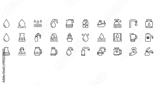 A set of 28 line icons depicting various water and liquid related objects and symbols, including drops, bottles, jugs, and taps.
