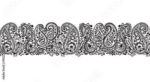 Intricate black and white paisley pattern border with floral motifs and ornate details on a clean Transparent Background.