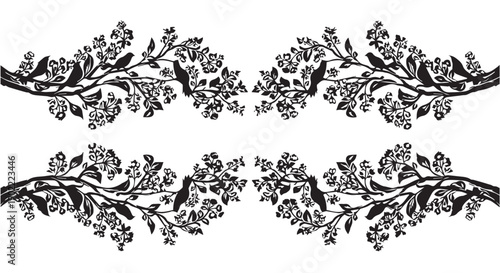 Elegant black floral corner decorations with birds on a Transparent Background, perfect for invitations and designs.
