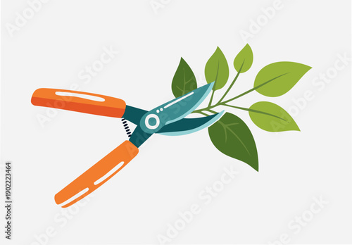 Modern cartoon style gardening scene with metal pruning shears trimming fresh leaves