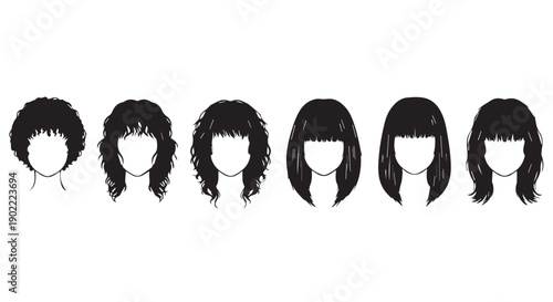 Six different black silhouette hairstyles for women with bangs and curly hair on Transparent Background.