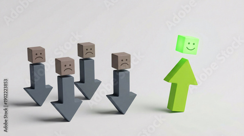 A green 3D cube with a smiley face stands out from a group of brown cubes with sad faces, all on arrows pointing in opposite directions.