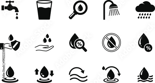 PrintWater management icon set vector, faucet shower rain drops symbols, hygiene conservation analytics, black minimal liquid illustration pack