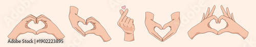 Set of hands making heart shape love gesture. Vector illustration