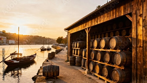 Wooden barrels stored in a rustic warehouse along a waterfront at sunset, with boats docked nearby