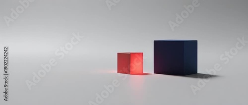 Hyper-minimalist 3D animation of a glowing red cube near a dark blue cube on a clean white plane, modern tech