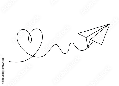 Paper airplane flying with heart shaped trail