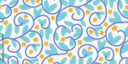 Decorative illustration featuring blue vine leaves and small yellow flowers arranged in a repeating pattern, creating a playful and organic floral background design.