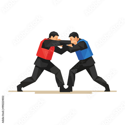 Pencaksilat Two Men Engaged in Arm Wrestling Match.