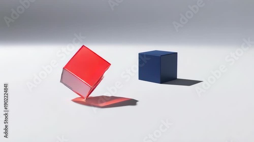Hyper-minimalist 3D animation of a glowing red cube near a dark blue cube on a clean white plane, modern tech