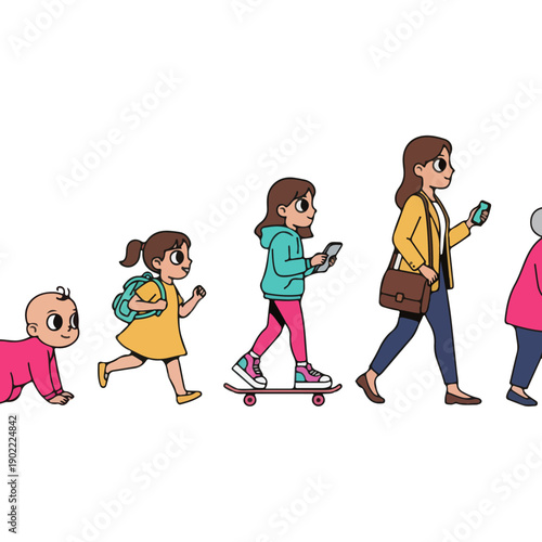 Woman and Children Walking in a Line.