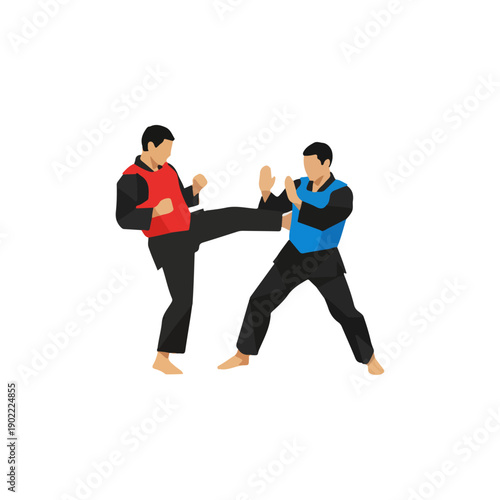 Two Men Practicing Pencaksilat Martial Arts Sparring 