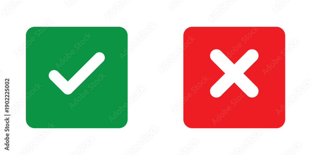 Fototapeta premium Check mark or tick mark and cross sign. Green check and red X icons, Right or wrong icons. Checkmark and x mark icon for apps and websites. Buttons for vote, election choice decision and web use.