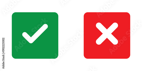 Check mark or tick mark and cross sign. Green check and red X icons, Right or wrong icons. Checkmark and x mark icon for apps and websites. Buttons for vote, election choice decision and web use.