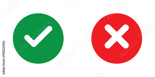Check mark or tick mark and cross sign. Green check and red X icons, Right or wrong icons. Checkmark and x mark icon for apps and websites. Buttons for vote, election choice decision and web use.