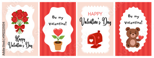 Set of Valentine's Day greeting cards. Vector cute illustrations with mailbox, bouquet of roses, teddy bear, hearts.