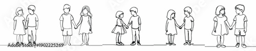 line art of two little children holding hands happily together