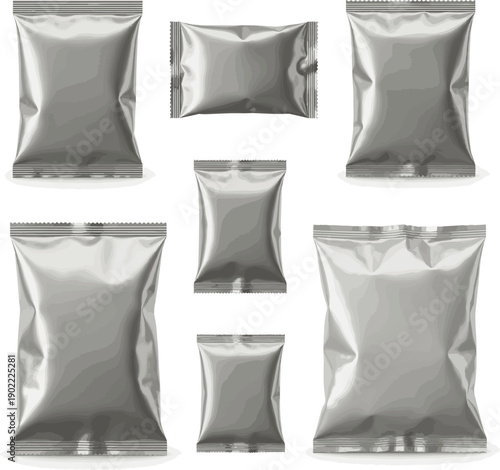 Isolated a kinds of deferent realistic Blank metallic plastic bag. Food snack, chips packaging 3d rendering mockup template vector art with white background.