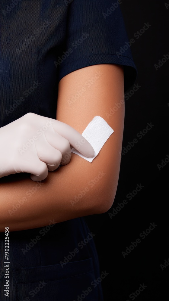 Obraz premium Close-up of a gloved hand applying a bandage to a forearm against a dark background. Medical aid shown nearby