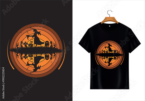 Halloween T-shirt Design: A striking illustration of Halloween elements adorning a stylish black tee, perfect for festive wear, depicting a captivating witch silhouette over a spooky graveyard scene.