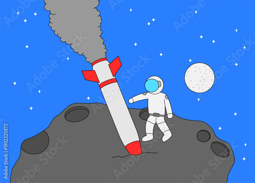 Man in a white spacesuit is walking on asteroid