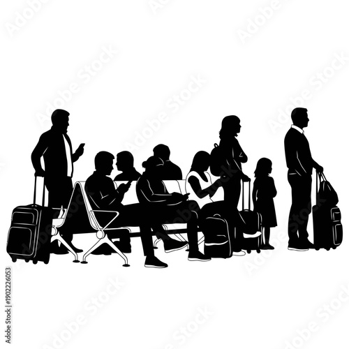 A group of travelers waiting at an airport with their luggage