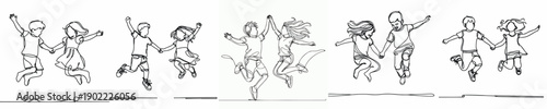 line art of two small children jumping happily together