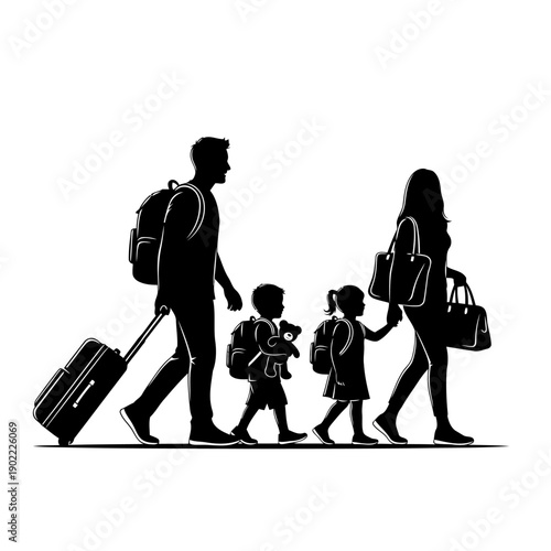 A family of four walking together with luggage and backpacks