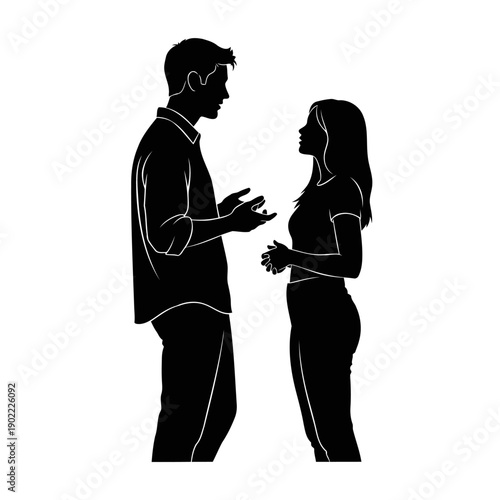 A man and woman engage in a conversation in a simple black silhouette