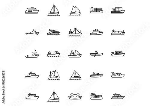 Modern Maritime Vessel Vector Collection, Minimalist Nautical Transport & Boat Icon Set, Black & White Linear Ship & Yacht Symbols